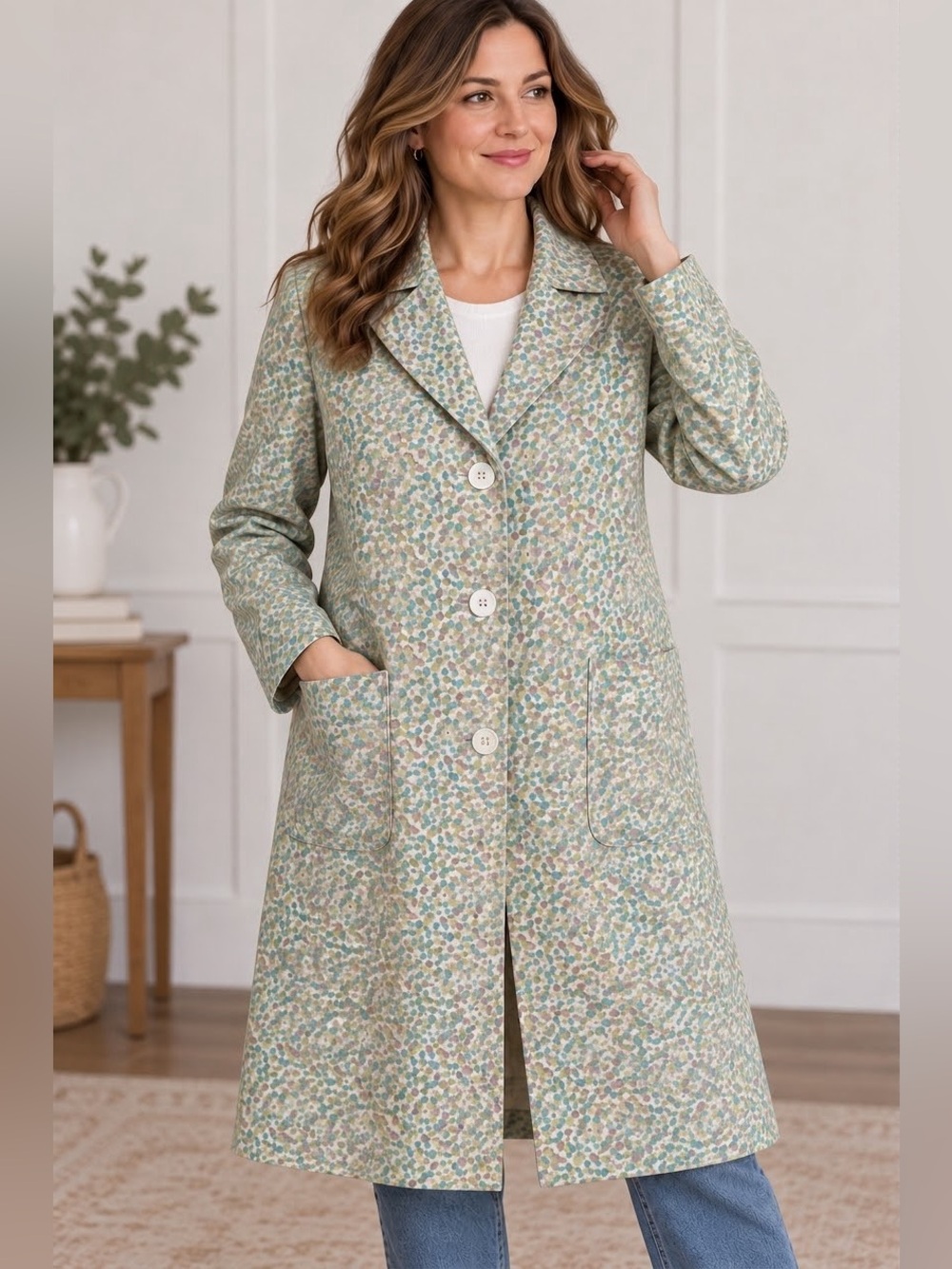 Express Women’s Medium Floral Cotton Long Coat Pastel Green Blue Jacket